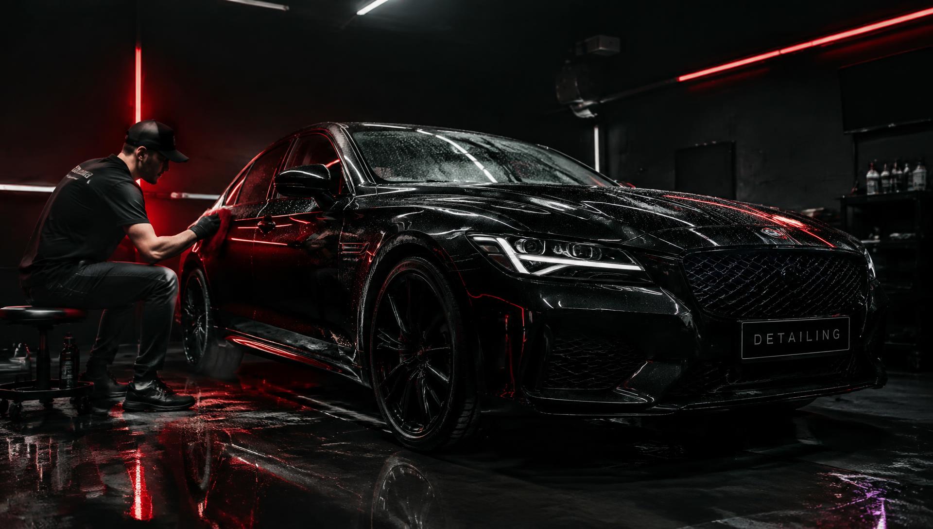 Detailer polishing a black luxury car